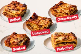 Five lasagna slices labeled boiled uncooked ovenready soaked and parboiled each on separate plates for comparison