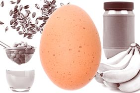 An egg in front of flax seeds, aquafaba, a jar of peanut butter and a bunch of bananas. 