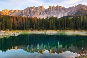 Sunset at Lago di Carezza in Dolomites