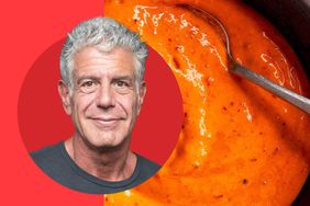 Anthony Bourdain with an image of a garlicky sauce
