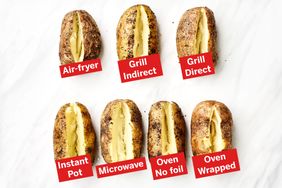 Seven baked potatoes displayed and labeled with their cooking methods including air fryer grill indirect grill direct instant pot microwave oven no foil and oven wrapped