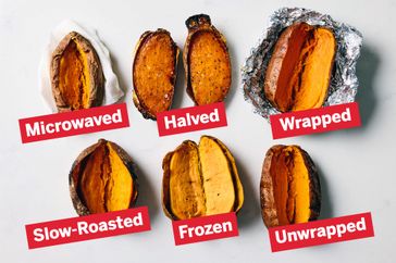 Various methods of cooking sweet potatoes labeled as microwaved halved wrapped slowroasted frozen and unwrapped