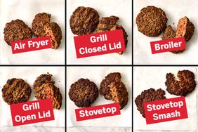 Six images showing burgers cooked using different methods each labeled with its respective cooking technique