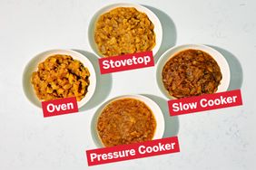 Four bowls of applesauce labeled as prepared using oven stovetop slow cooker and pressure cooker methods