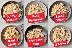 Six bowls each featuring shredded chicken with labels Potato Masher Food Processor Stand Mixer Meat Claws ZipClose Bag 2 Forks