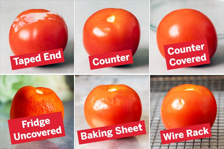 Different methods of storing tomatoes labeled taped end counter counter covered fridge uncovered baking sheet wire rack