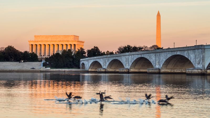 The view across the Potomac River toward the Mall in Washington, DC. 