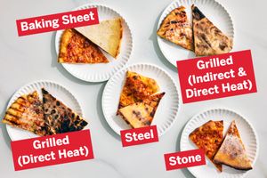 Comparison of pizza slices prepared using different methods labeled Baking Sheet Grilled Direct Heat Grilled Indirect Direct Heat Steel and Stone