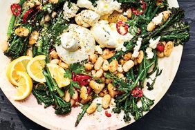 Cacio e Pepe Broccolini with Crispy White Beans and Burrata