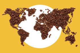 World map design created with coffee beans on a yellow background