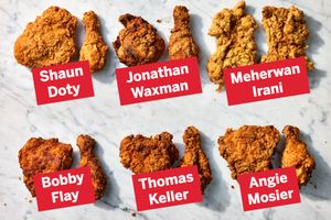 Six uniquely styled fried chicken servings each labeled with chef names Shaun Doty Jonathan Waxman Meherwan Irani Bobby Flay Thomas Keller and Angie Mosier