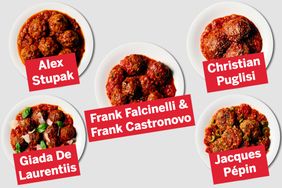 Dishes of meatballs labeled with the names of chefs Alex Stupak Christian Puglisi Frank Falcinelli Frank Castronovo Giada De Laurentiis and Jacques Ppin