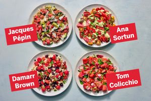Four plates with watermelon salads labeled with chefs names Jacques Ppin Ana Sortun Damarr Brown and Tom Colicchio