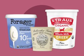 Three yogurt containers Forager Project Greek style Bellwether Farms sheep milk and Straus Family Creamery Greek yogurt
