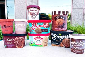 Assorted containers of chocolate ice cream from various brands displayed outdoors
