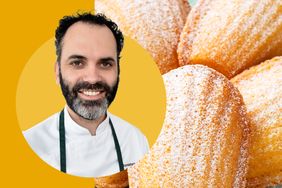 Dominique Ansel with madeleines in the background