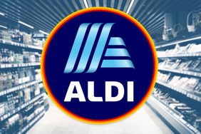 Aldi logo superimposed over a blurred image of grocery store shelves