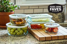 Five Pyrex Ultimate glass food storage containers filled with food on a kitchen counter during best glass food storage containers tests