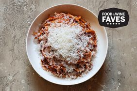 Sweese pasta bowls filled with pasta, red sauce, and cheese during best pasta bowls tests