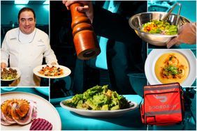 Emeril Lagasse holding plates while various restaurant food items and a DoorDash bag are displayed