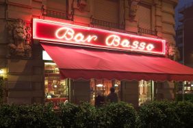 The front of Bar Basso at night, Milan, Italy. 