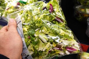 A hand holding a package of mixed lettuce leaves for sale