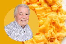 Jacques Ppin alongside a closeup of scrambled eggs
