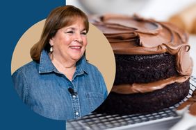 portrait of Ina Garten and photo of her chocolate cake