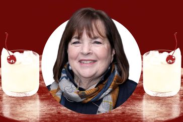 Ina Garten framed by two glasses of Bourbon Sour with cherries
