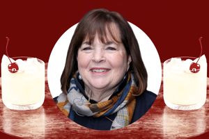 Ina Garten framed by two glasses of Bourbon Sour with cherries