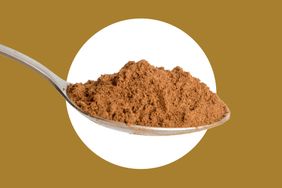 A spoonful of ground cinnamon in front of a circular white background