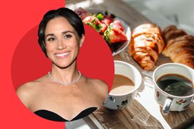 Meghan Markle over a background of strawberries, coffees, and croissants.