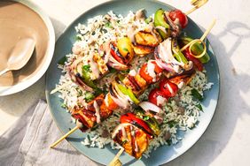 Pomegranate Tahini Sauce with Halloumi and Vegetable Skewers