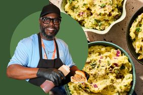 Chef Rodney Scott holding food with potato salad in bowls nearby likely showcasing a recipe demonstration