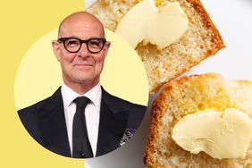 Stanley Tucci in a composite image with bread and butter