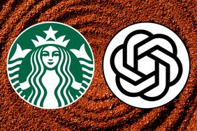 Starbucks logo next to the OpenAI logo on a textured background