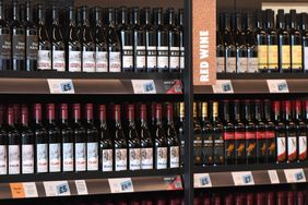Red wine on the shelves at Tesco.