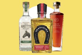 Three bottles of tequila from different brands arranged side by side against a yellow background