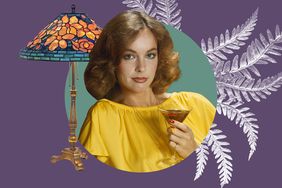 A Tiffany lamp, woman with a cocktail and fern leaves in a photo composite. 
