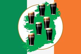 Map of Ireland with glasses of Guinness placed on it in front of an Irish flag background