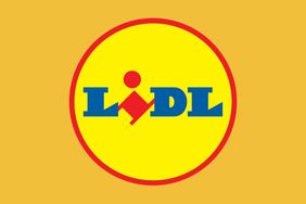 Lidl logo on a yellow background circular design with the word Lidl in the center