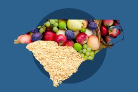 Outline of North and South Carolina filled with fruits and grains