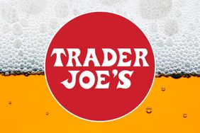 A Trader Joes logo over beer and foam backdrop