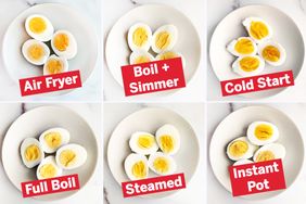 Six plates of hardboiled egg halves each labeled with a cooking method air fryer boil and simmer cold start full boil steamed and instant pot